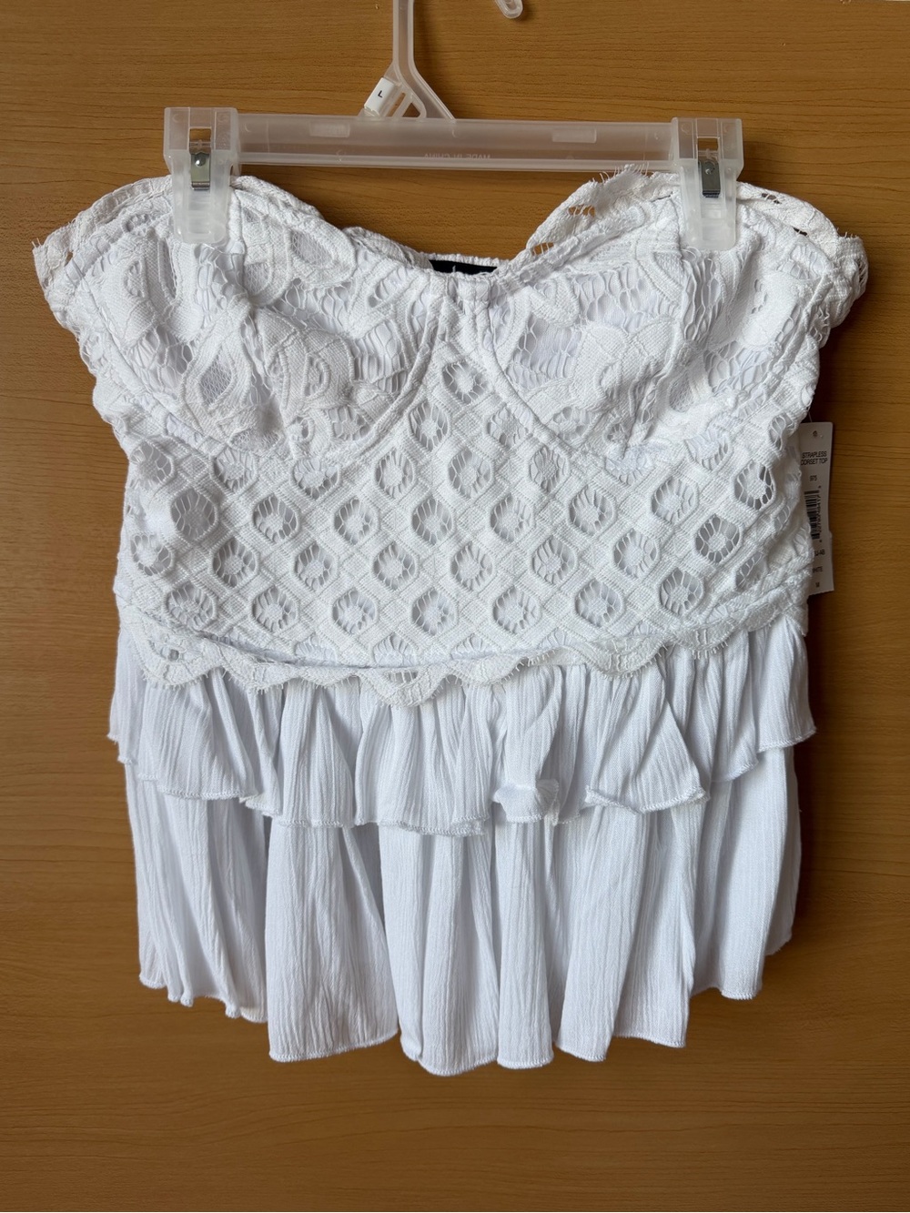 White Lace Strapless Corset Peplum Tube Top Ruffle Boho Cottagecore M
